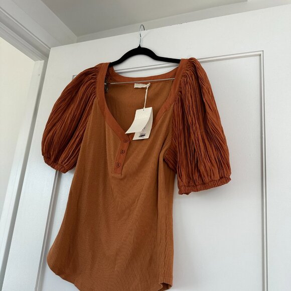 NWT Ulla Johnson Marika Top Puff Sleeves Scoop Neck Rib Knit Sz XL In Chestnut - Picture 6 of 11